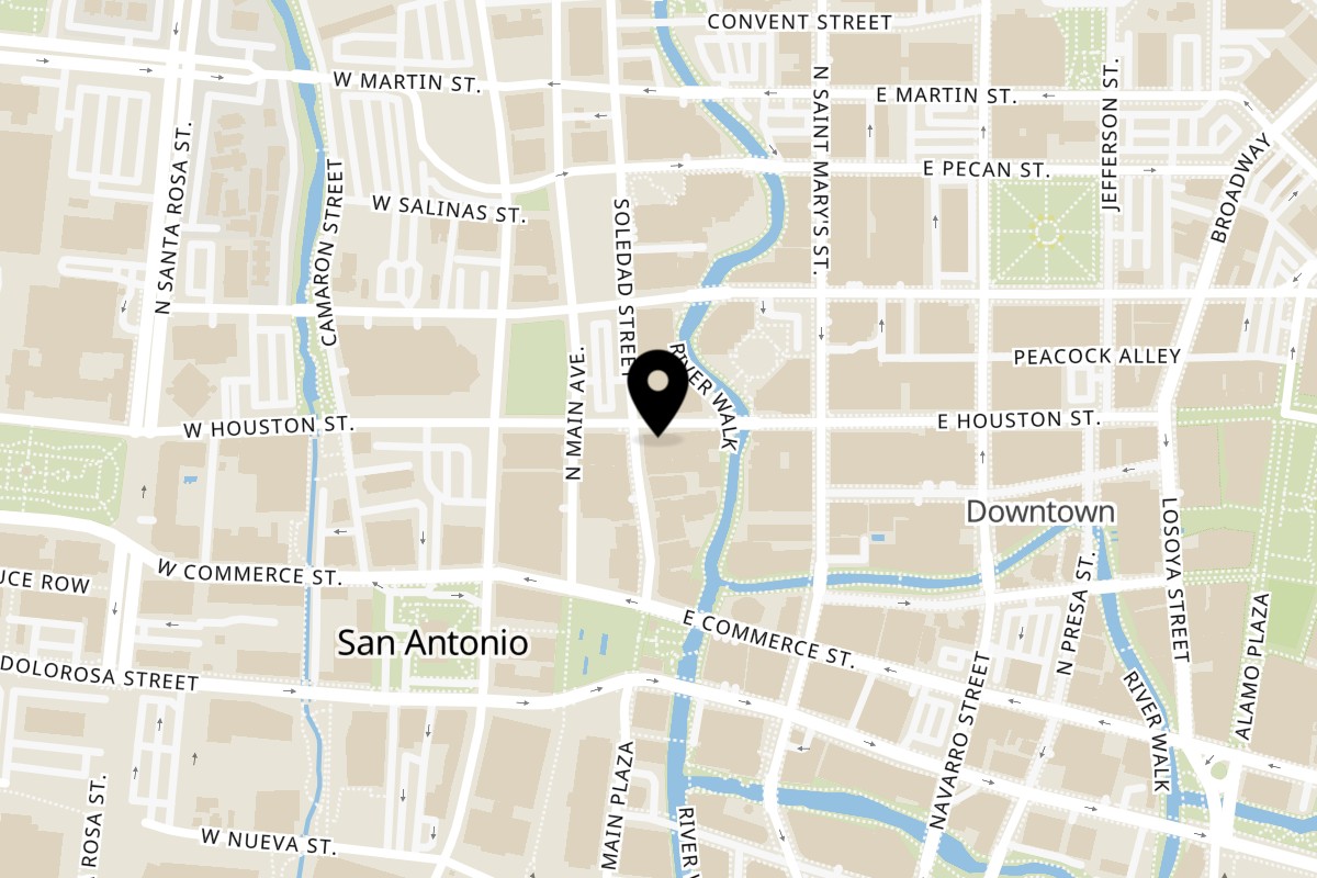 Map showing the location of Bunz Handcrafted Burgers on 122 E Houston St in San Antonio